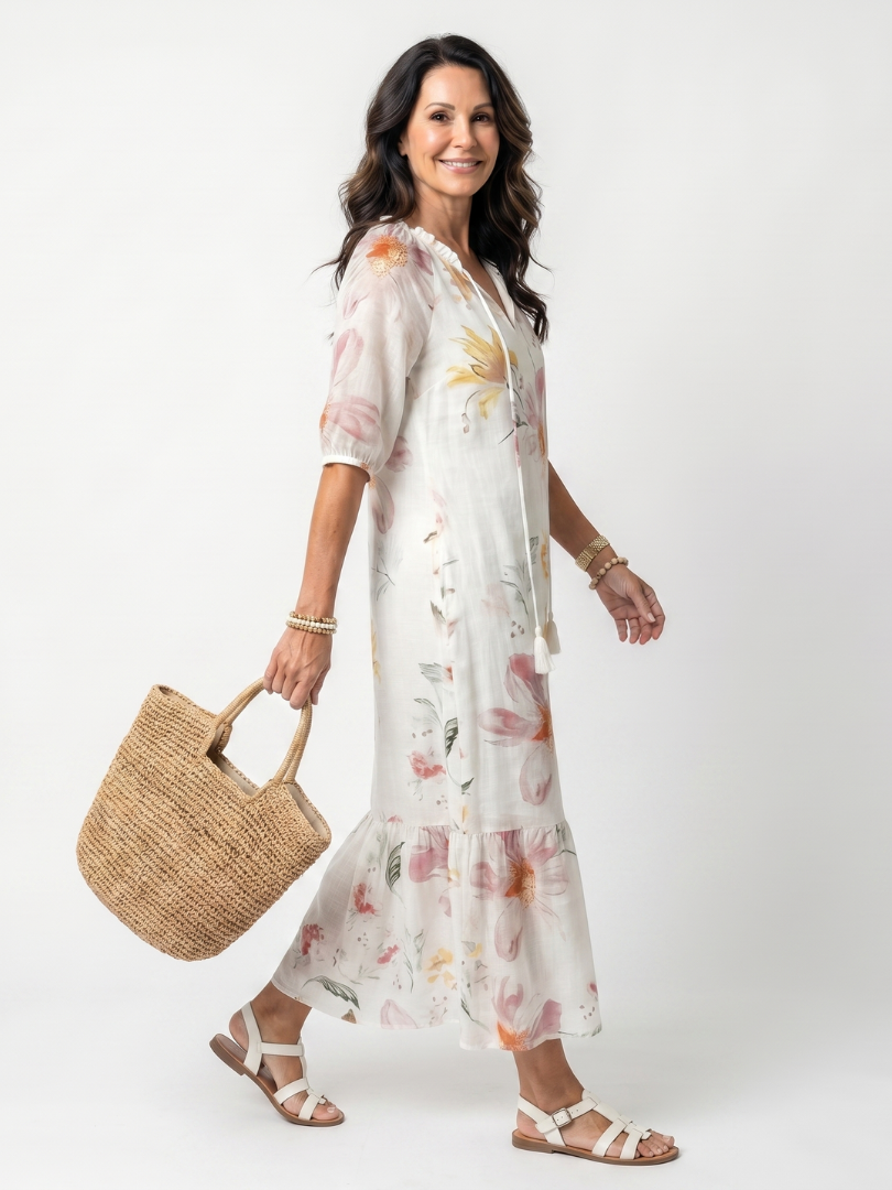 White floral tiered midi dress with V-neck and gathered tiered skirt