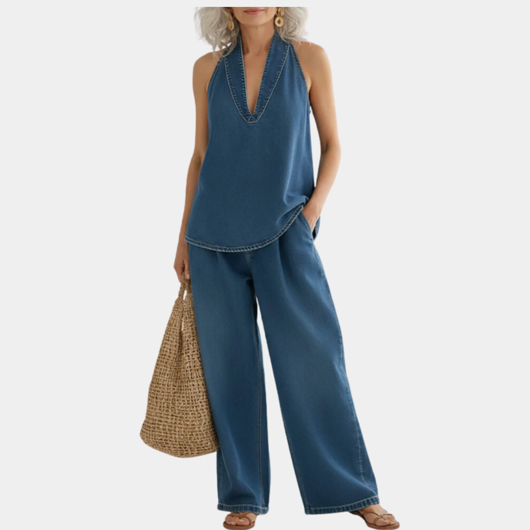 Washed blue denim sleeveless V-neck top and wide-leg pants two-piece set