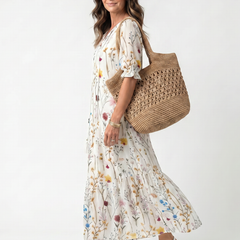 Botanical print midi dress with tassel tie, short sleeves, flared gathered skirt
