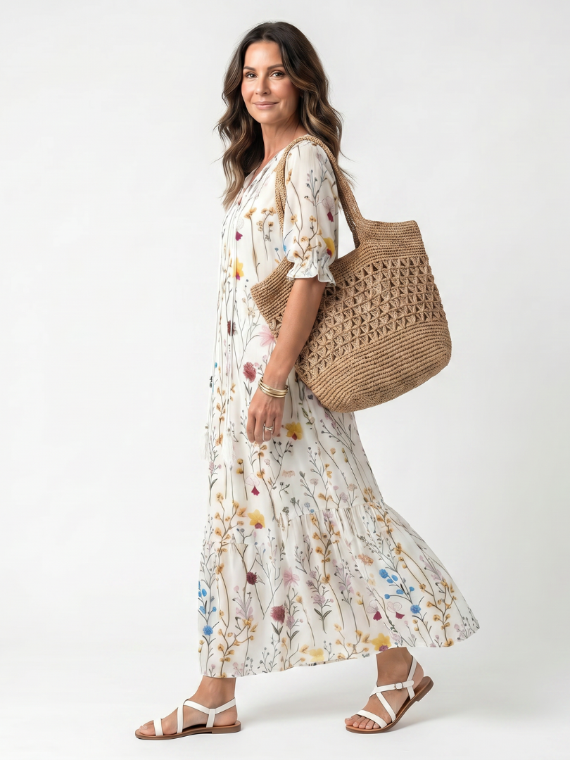 Botanical print midi dress with tassel tie, short sleeves, flared gathered skirt