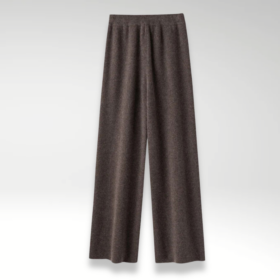 Pantaloni lounge in cashmere marrone scuro, vita elasticizzata con coulisse e gamba ampia
