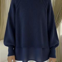 Navy layered-look sweater with ribbed knit and wide sleeves