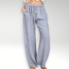 Pantaloni comodi a gamba larga in lino grigio chiaro con vita elasticizzata e coulisse