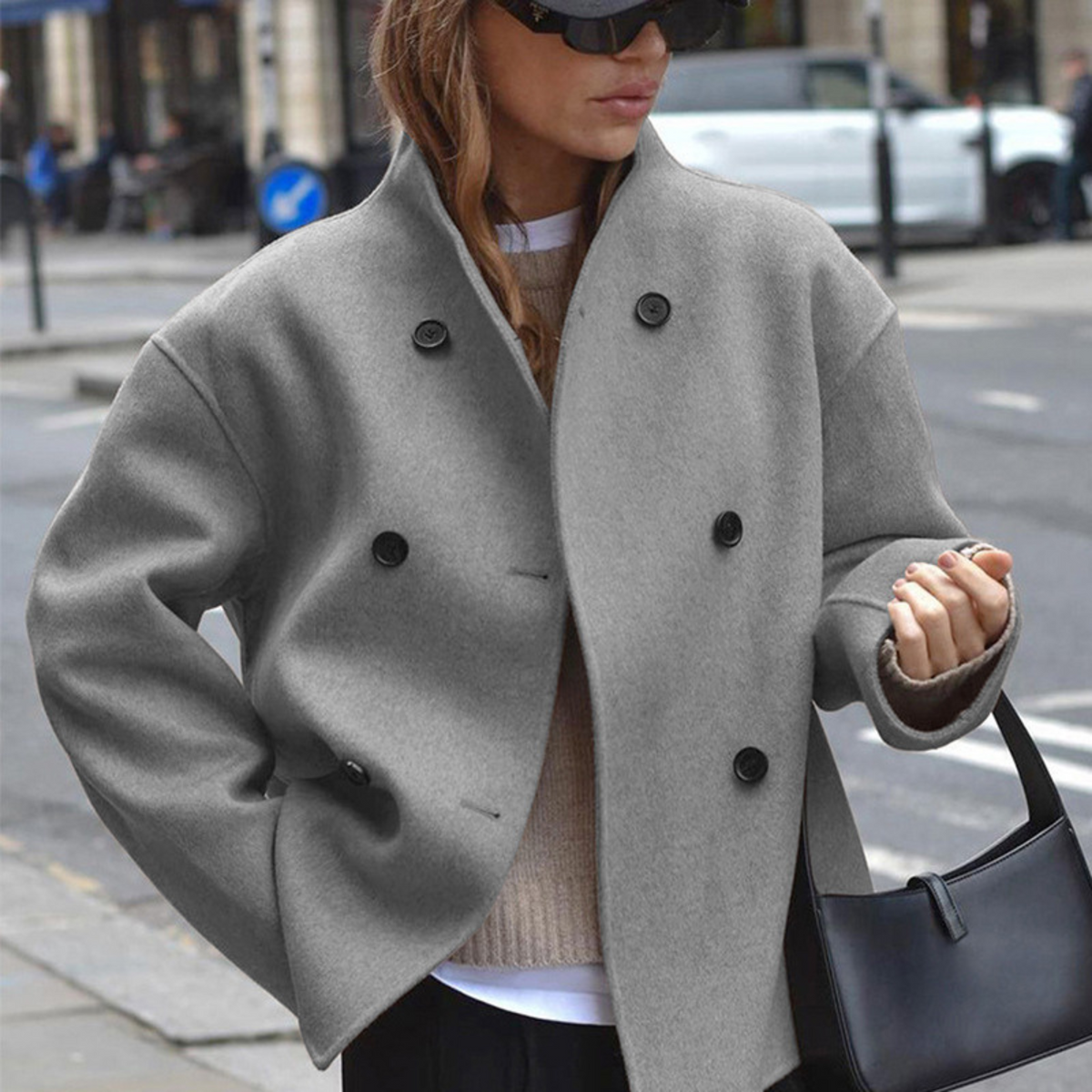 Light gray long-sleeve stand-collar coat with double-breasted button front