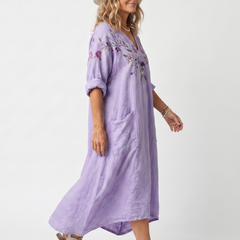 Purple linen midi dress with floral embroidered front, relaxed loose fit and side pockets