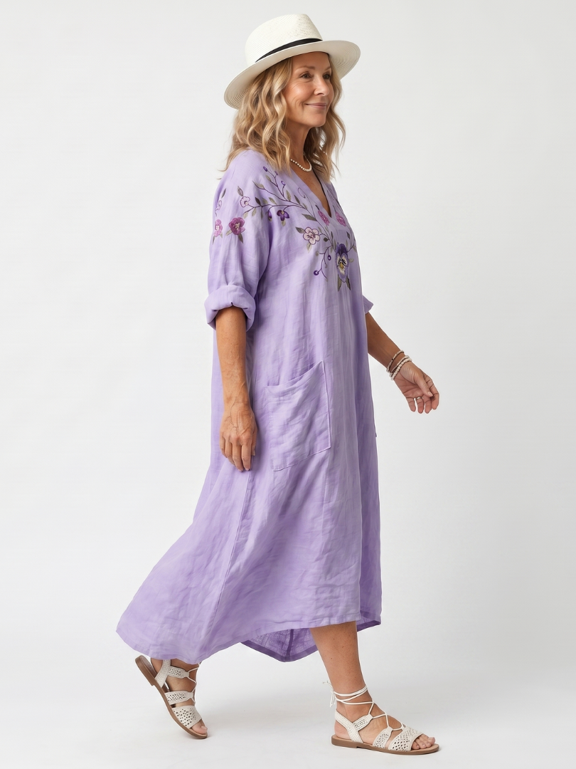 Purple linen midi dress with floral embroidered front, relaxed loose fit and side pockets