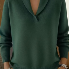 Deep green V-neck sweater with ribbed cuffs and hem