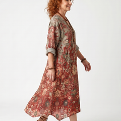 Multicolor floral relaxed midi dress with loose sleeves, draped hem, and V-neck