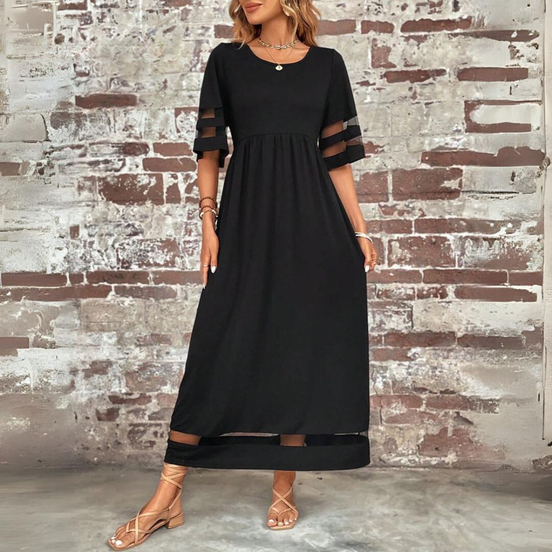 Black midi dress with half sleeves featuring sheer cutouts and gathered waist