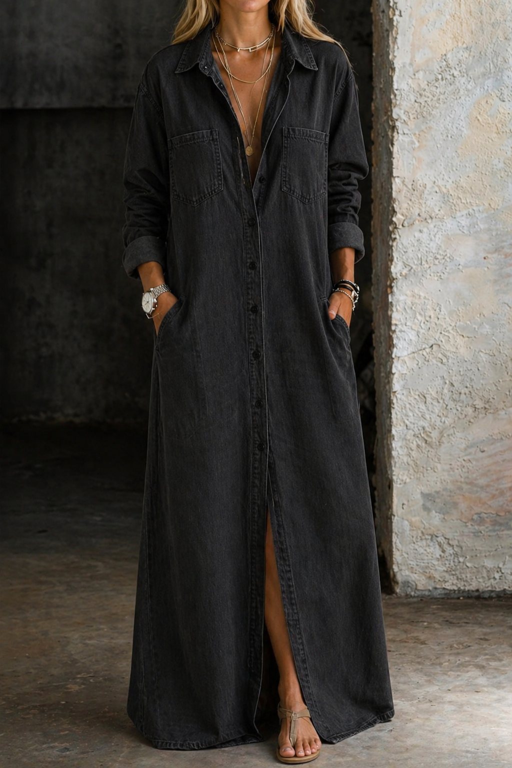 Black button-through denim maxi dress with collar, chest pockets, and long sleeves