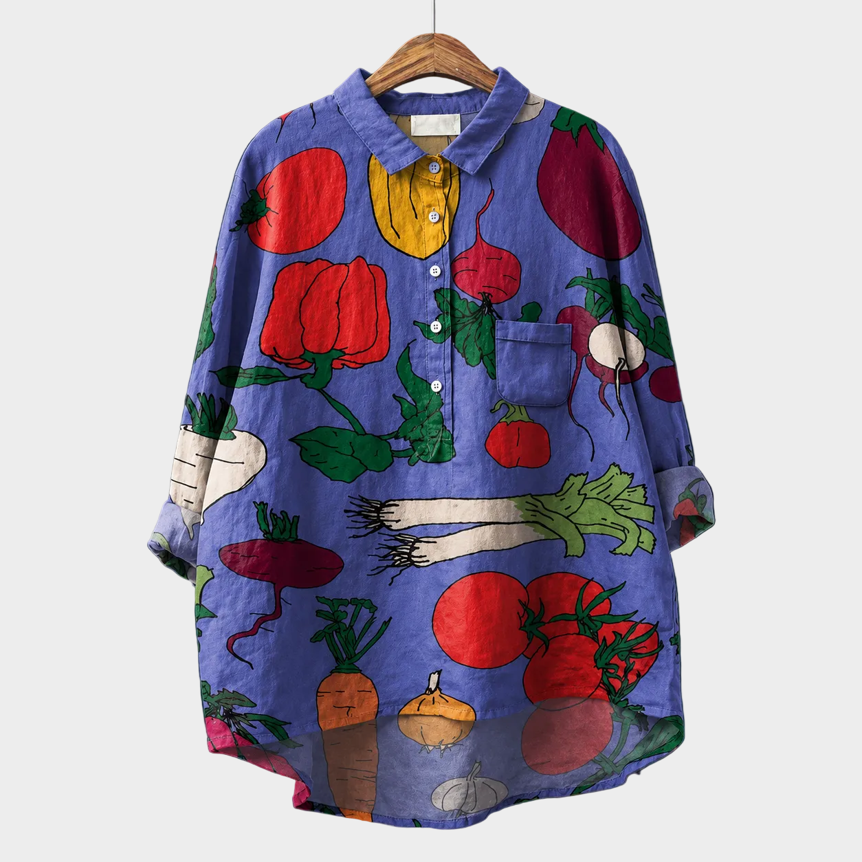 Blusa estiva blu con stampa floreale colorata, colletto e bottoni frontali