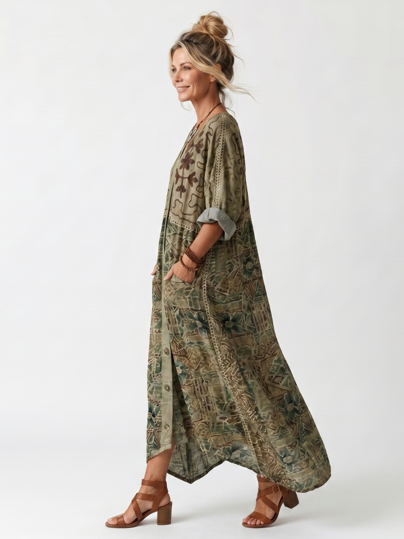 Green button-front embroidered midi dress, side view, short sleeves, oversized pockets