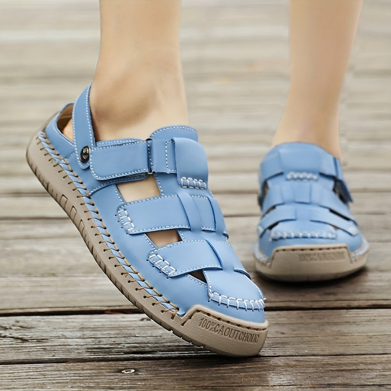 Sandali Comfort regolabili azzurri con fibbie a strappo, suola beige e cuciture a vista