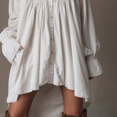 White lace mini shirt dress front view, button placket, embroidered yoke, puff sleeves