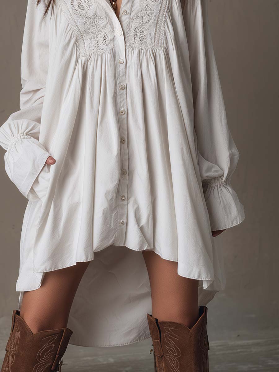 White lace mini shirt dress front view, button placket, embroidered yoke, puff sleeves