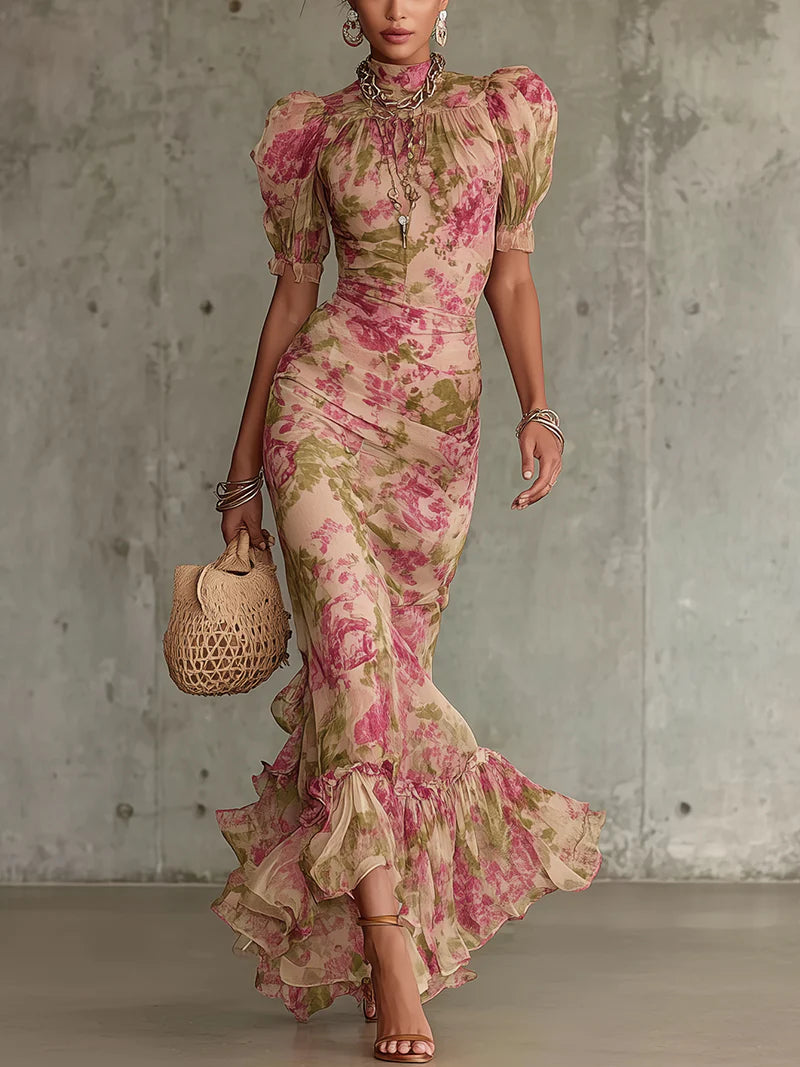 Pink rose floral print maxi dress, short puff sleeves, gathered ruffle hem