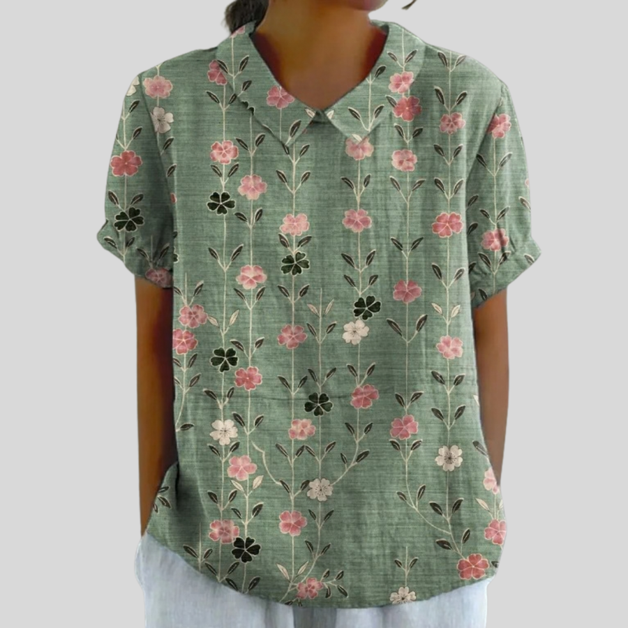Top verde in cotone con stampa floreale rosa e verde oliva