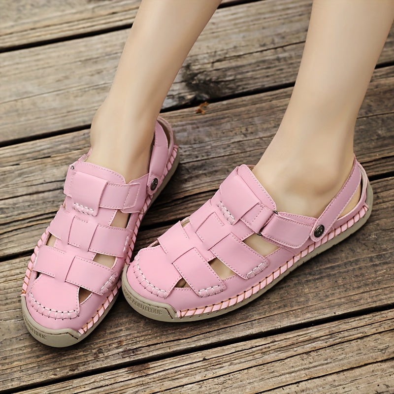 Sandali Comfort regolabili rosa con cinturino a strappo, suola beige e cuciture decorative