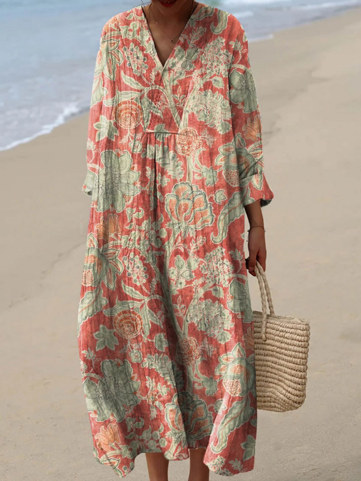 Boho floral maxi dress with V-neck, long sleeves, loose gathered bodice, coral and mint