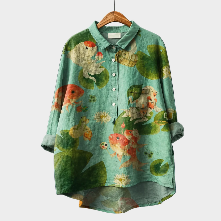 Blusa estiva verde acqua con stampa botanica e animali, bottoni frontali e colletto