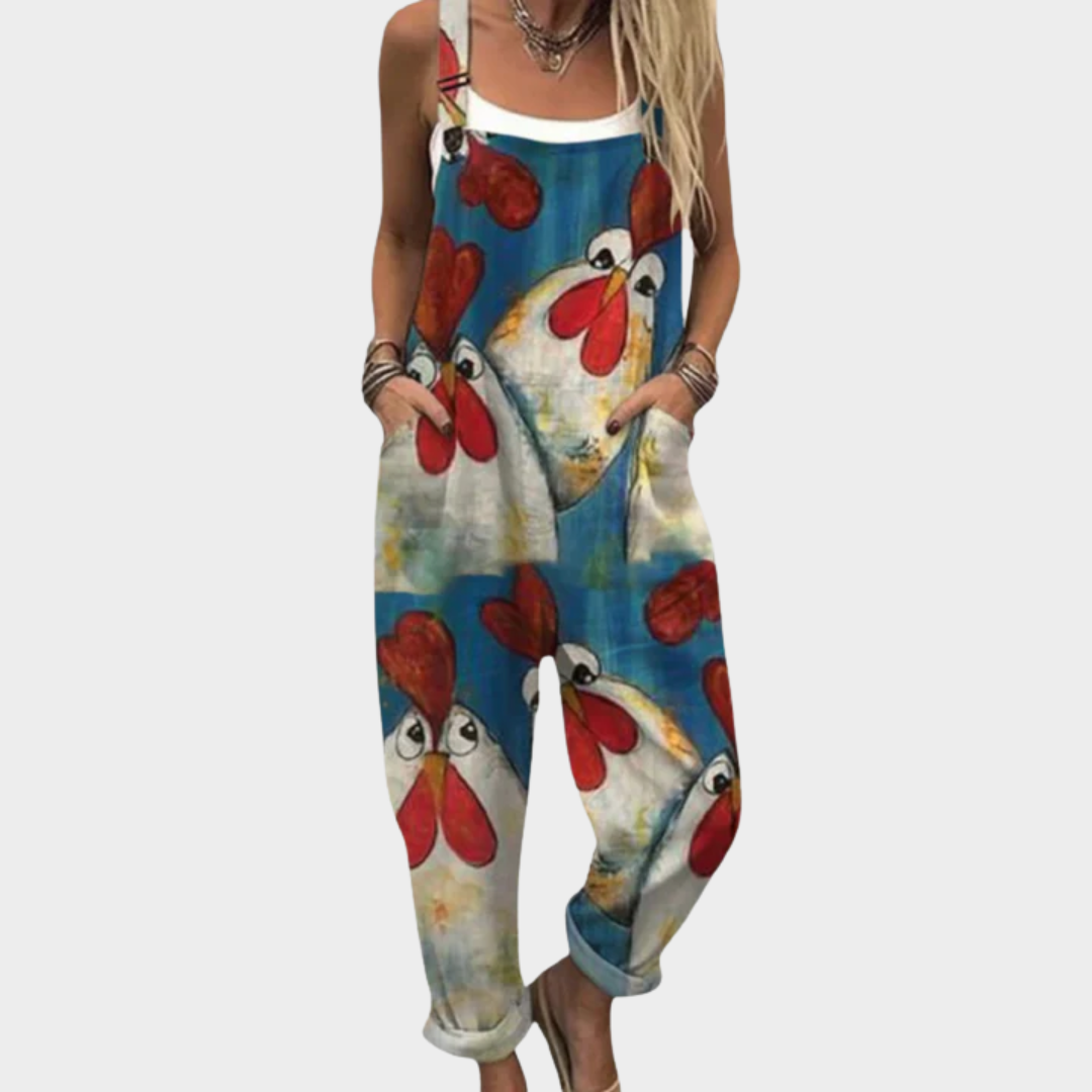 Multicolor cartoon dog print overalls with adjustable straps and front pocket