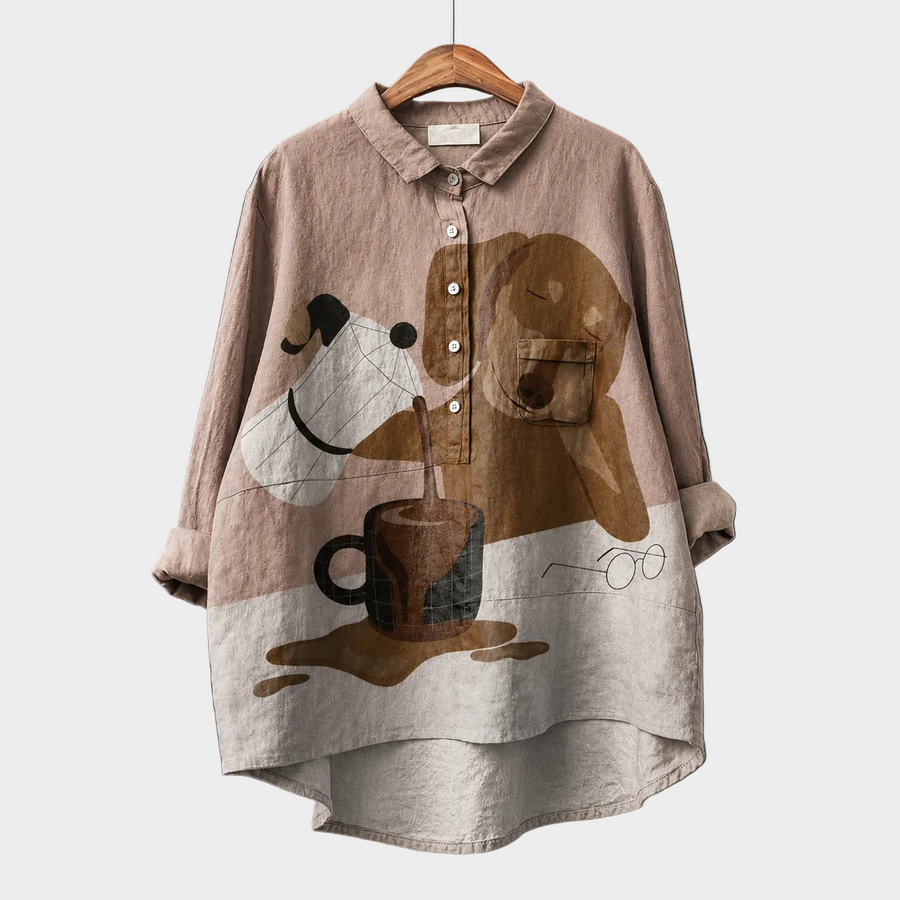 Camicia blusa estiva in lino beige con stampa astratta e bottoni frontali