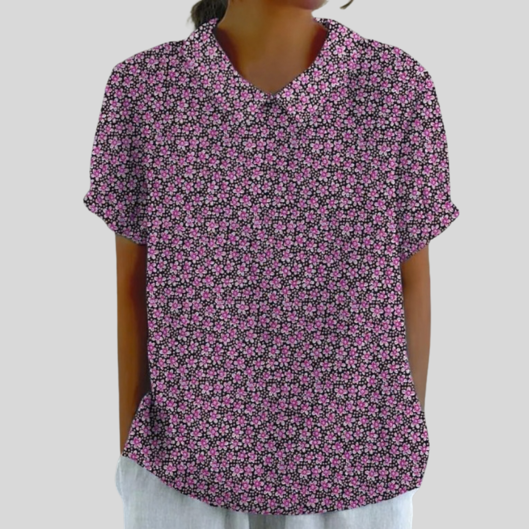 Maglietta/top a maniche corte con motivo floreale rosa e nero, scollo a V
