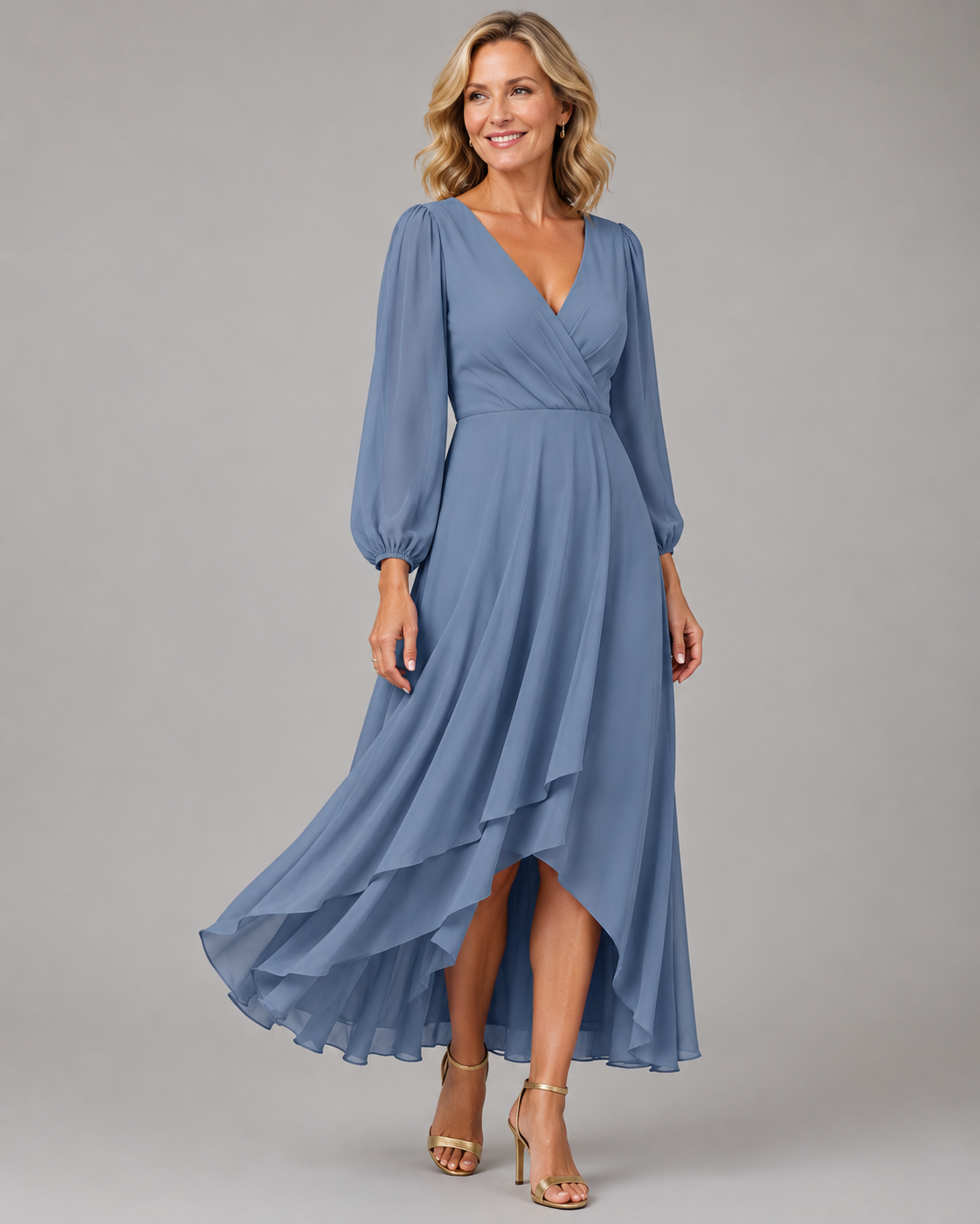 Blue V-neck long dress with puff sleeves and tiered asymmetrical hem