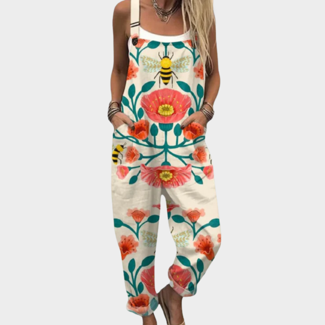 Multicolor floral and bee printed overalls with bib front and adjustable straps