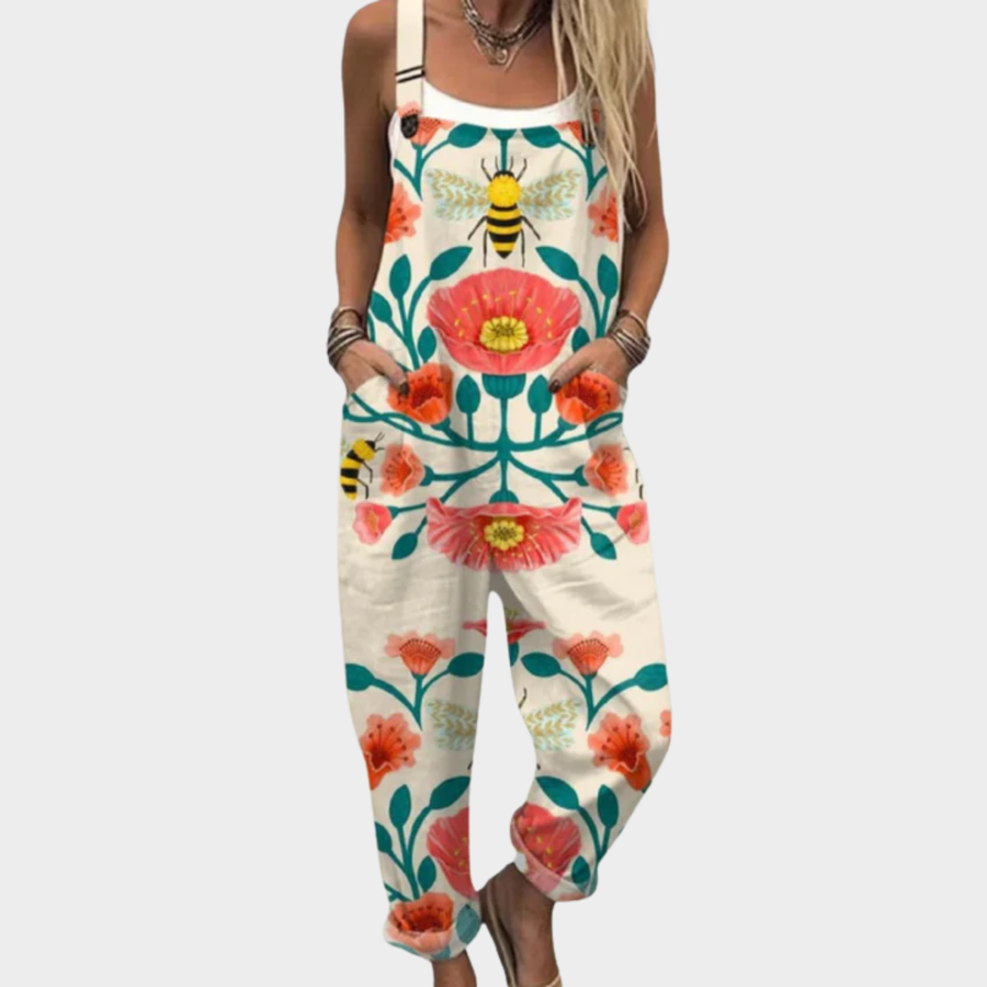 Multicolor floral and bee printed overalls with bib front and adjustable straps