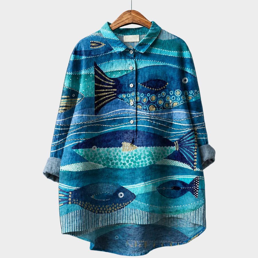 Blusa estiva blu-azzurra con stampa pesci, maniche lunghe e bottoni frontali