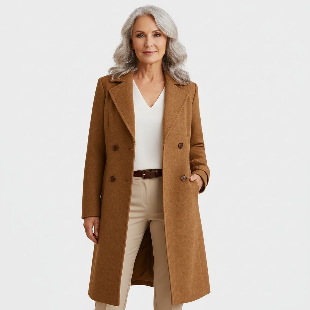 Brown long coat with notched lapels and button front
