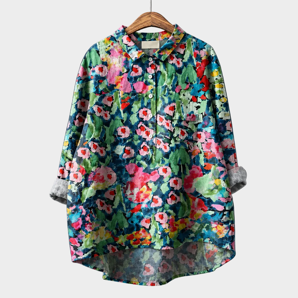 Blusa estiva elegante multicolore con stampa floreale, colletto e bottoni