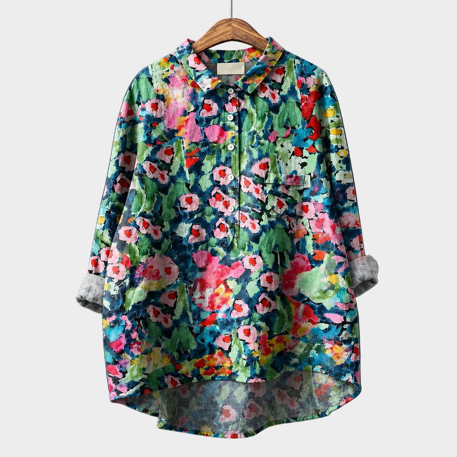 Blusa estiva elegante multicolore con stampa floreale, colletto e bottoni