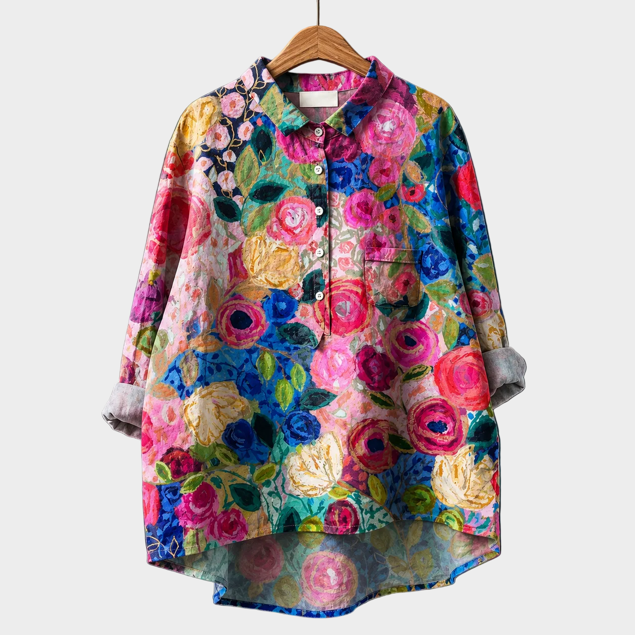 Blusa estiva multicolore con motivo floreale astratto, colletto e bottoni frontali