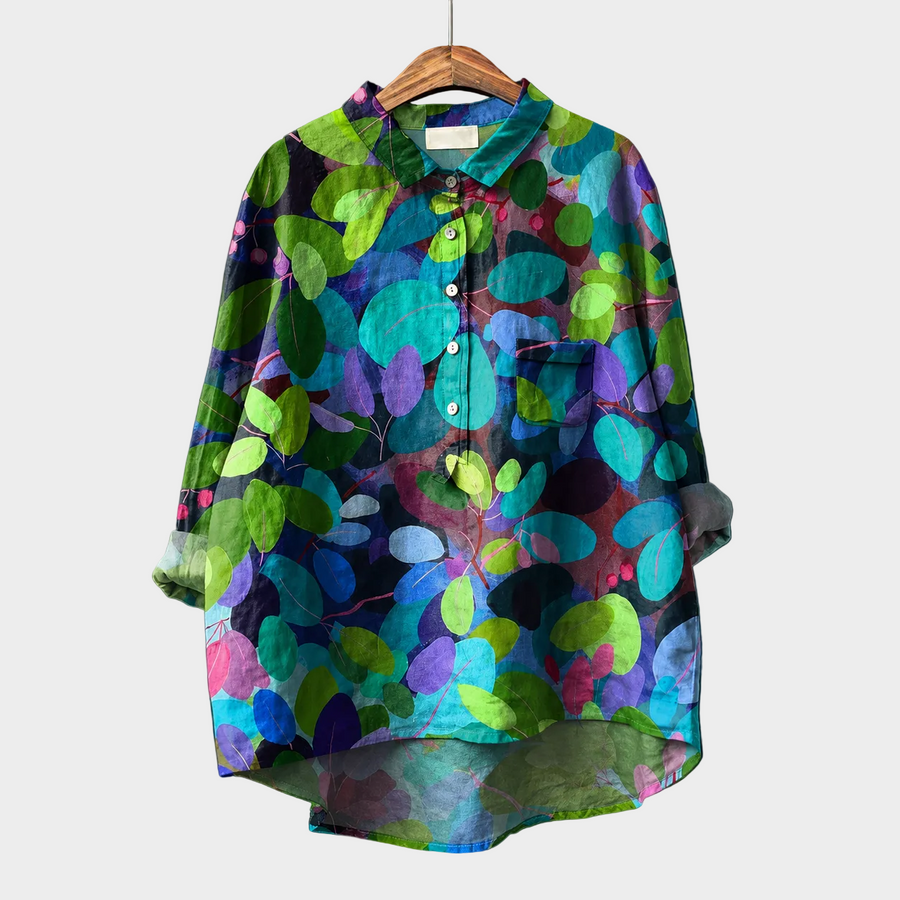Blusa estiva elegante a maniche lunghe con colletto, bottoni e tasca, fantasia multicolore