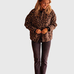 Leopard print button-up jacket with long sleeves and chest pockets
