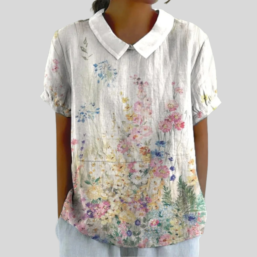 Top estivo a maniche corte bianco con stampa floreale multicolore