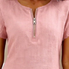 Abito in cotone rosa con zip frontale e scollo tondo