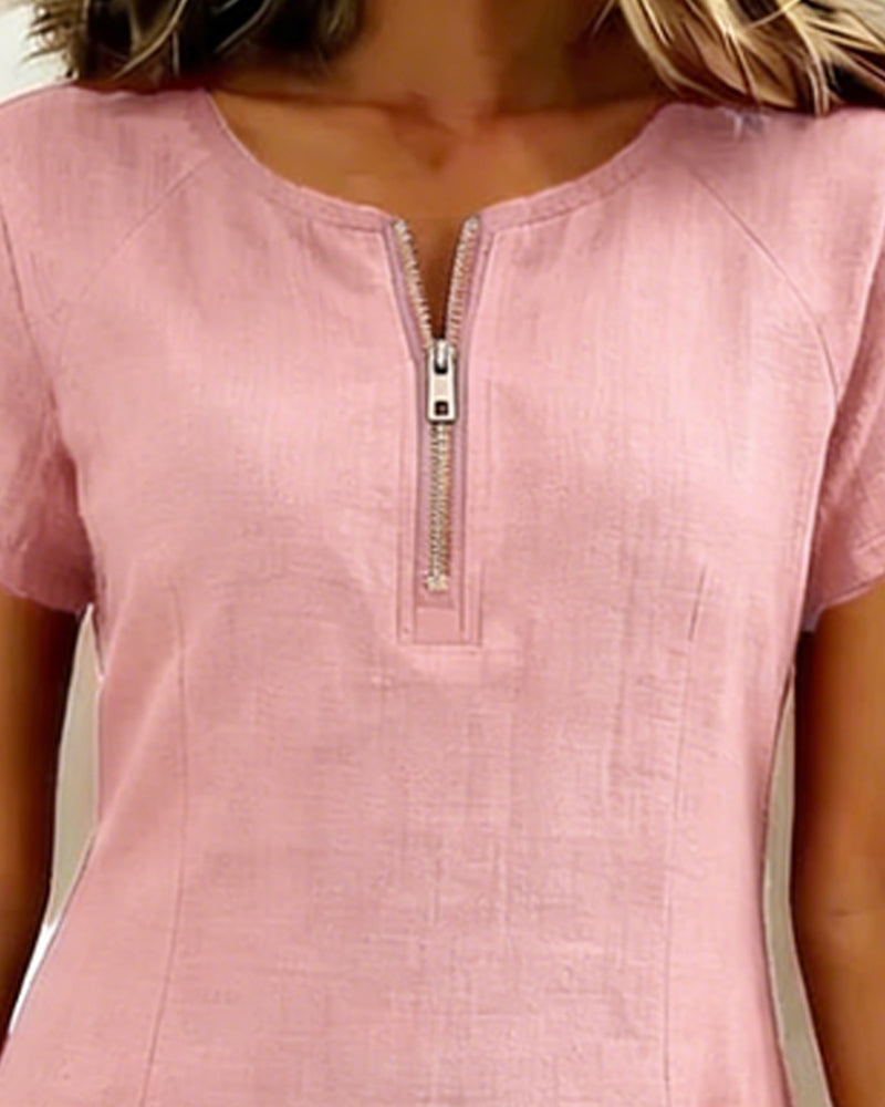 Abito in cotone rosa con zip frontale e scollo tondo
