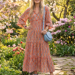 Geometric print V-neck tiered midi dress, orange with blue pattern, tiered skirt