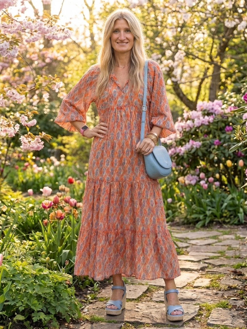 Geometric print V-neck tiered midi dress, orange with blue pattern, tiered skirt