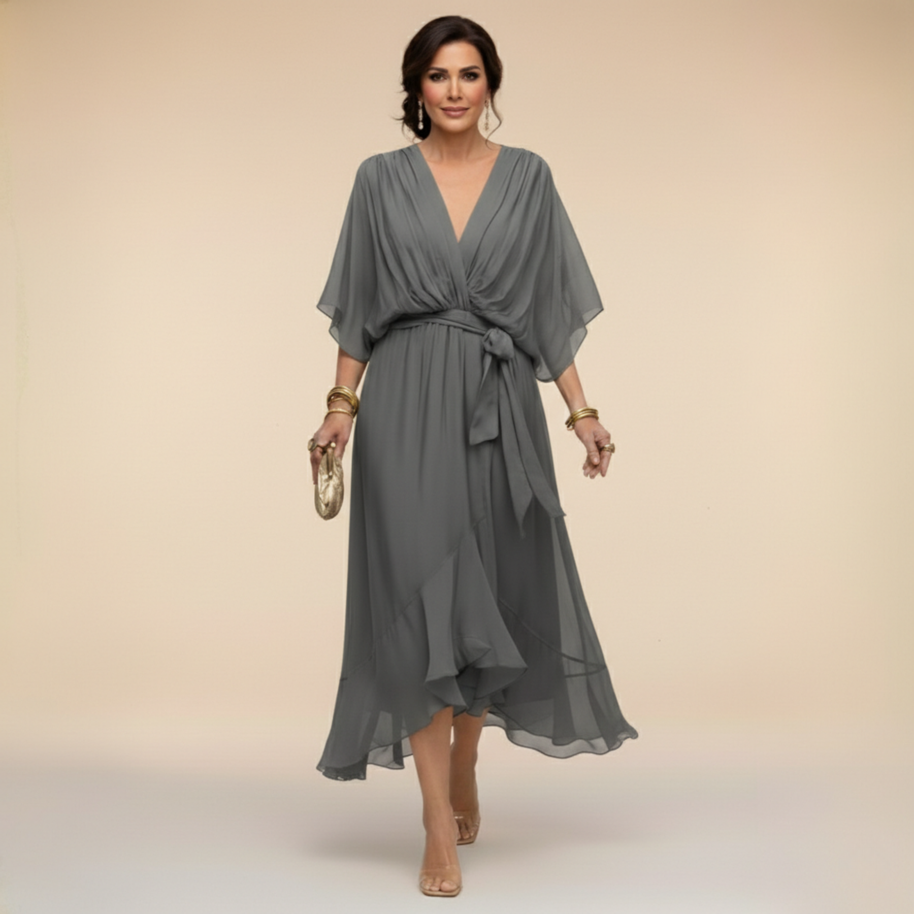 Gray V-neck wrap midi dress with draped sleeves and tied waist