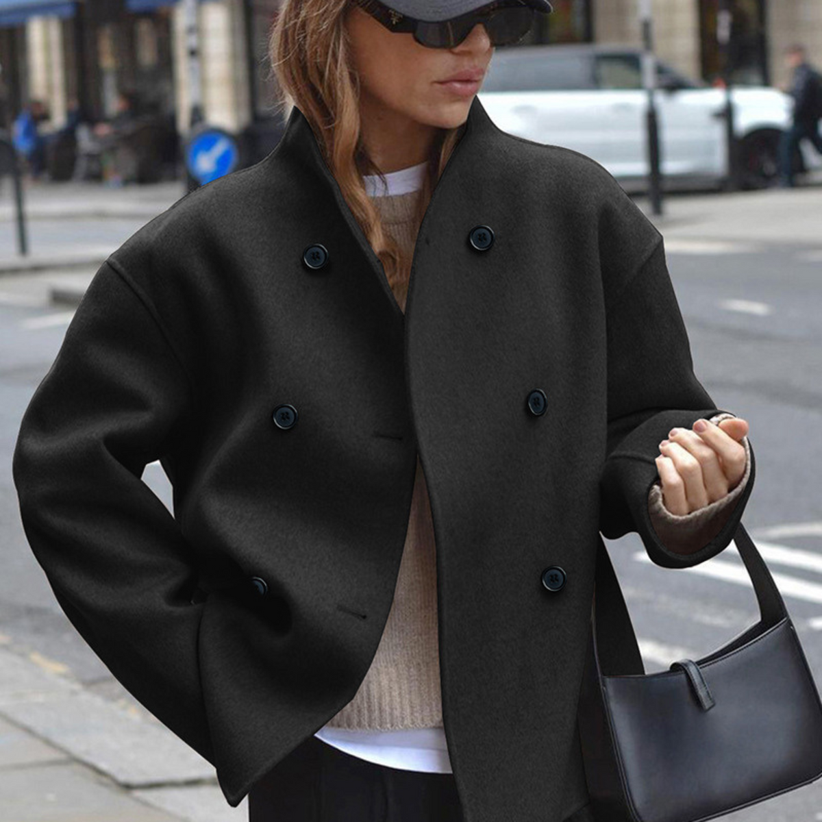 Long-sleeve stand-collar coat in dark charcoal, double-breasted button front
