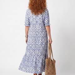 Blue printed midi dress with short sleeves and back tie detail, back view