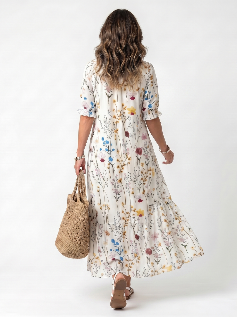 Botanical print midi dress with tassel tie, short sleeves, V-back, gathered flared hem
