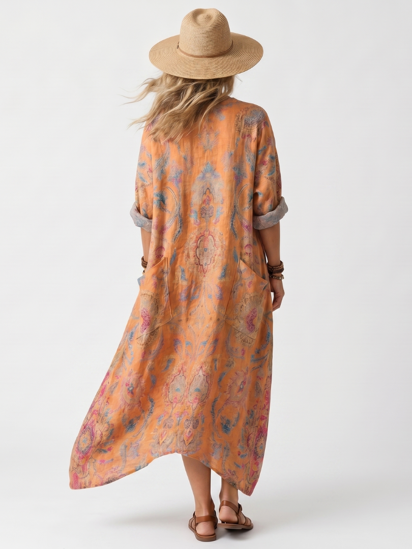 Back view of orange printed midi dress with notch neck and oversized silhouette