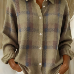 Olive plaid knit cardigan with button front, collared V-neck, long sleeves
