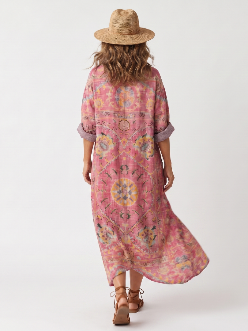 Pink abstract print relaxed pocket midi dress, V-neck and three-quarter sleeves, back view