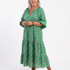 Dark green floral print V-neck tiered midi dress with three-tier skirt and 3/4 sleeves